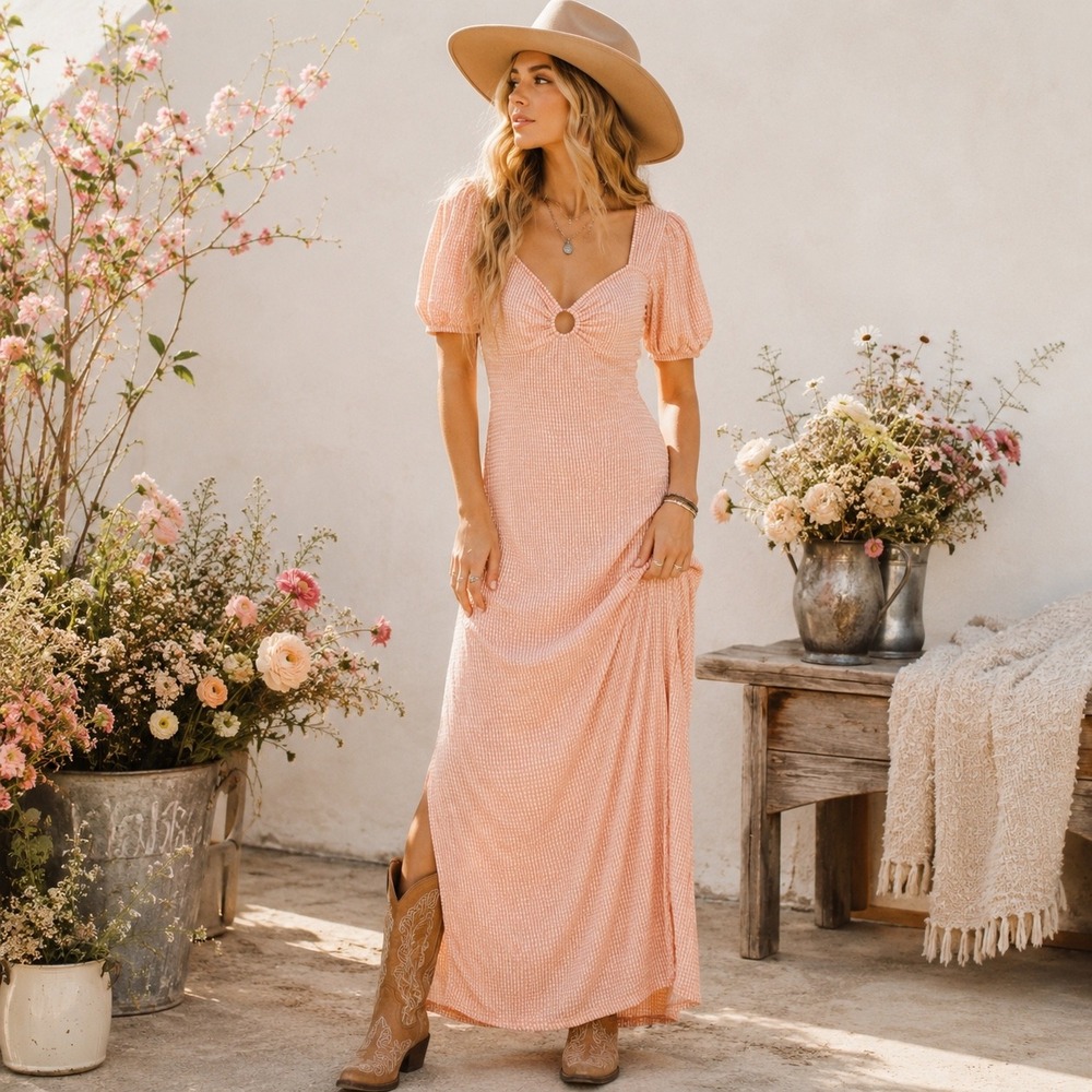 Caution To The Wind Peach Gingham Textured Maxi Dress Puff Sleeve Side Slit